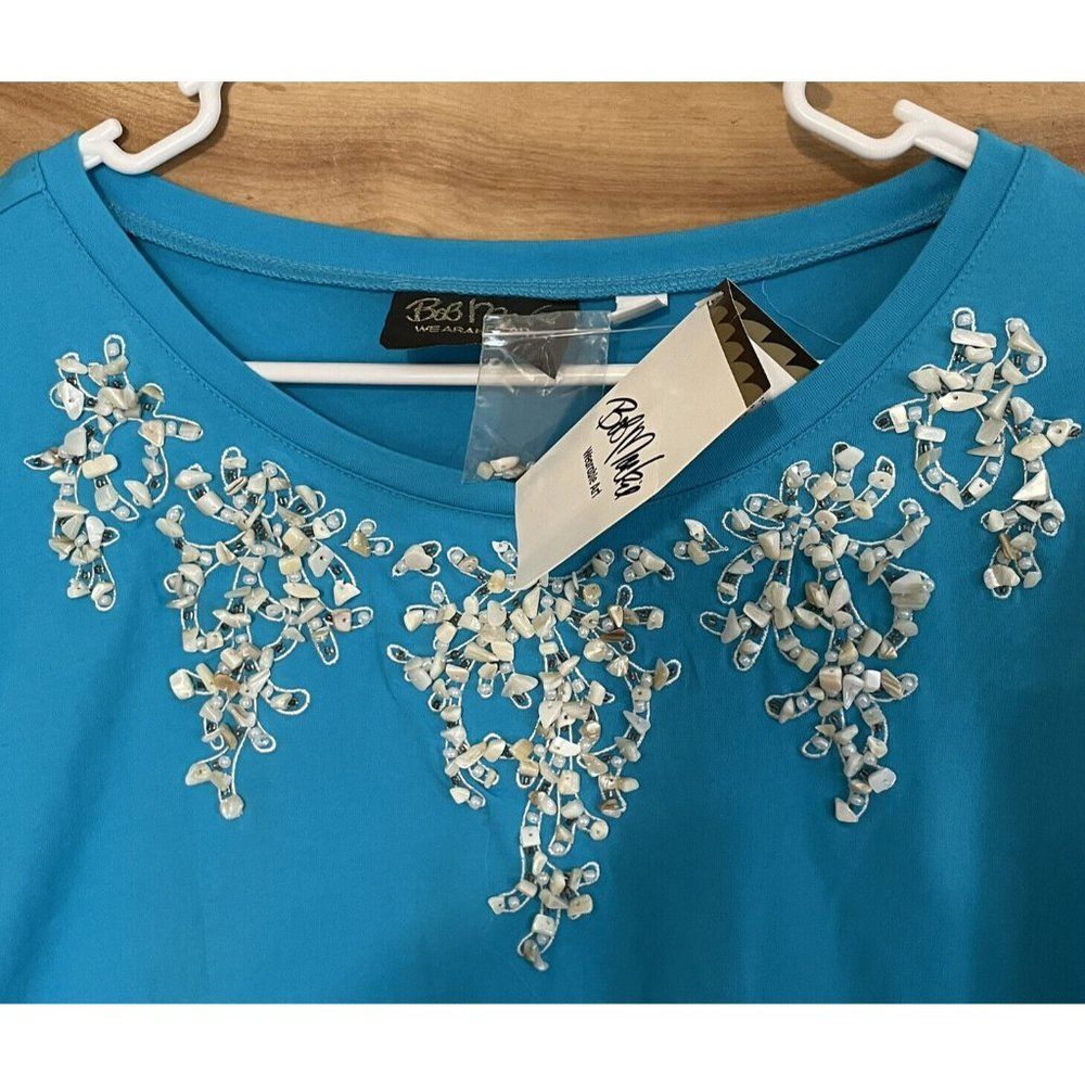 NWT Bob Mackie Blue Top 3/4 T Shirt Large Shell Beach Embroidery